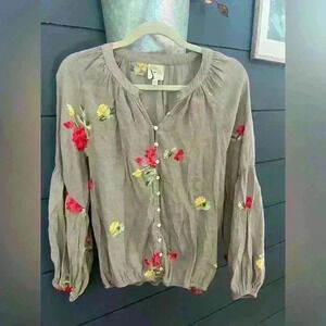 Fig and flower embroidered flowy long sleeve top medium